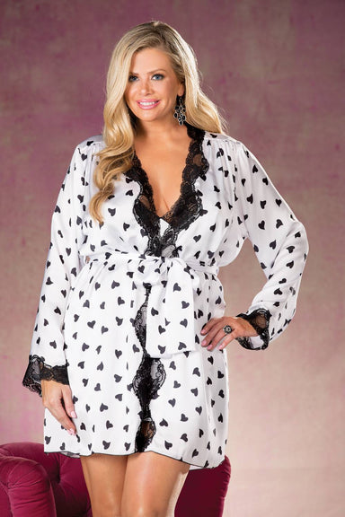 X25799 Plus-Size Heart Print and Lace Robe