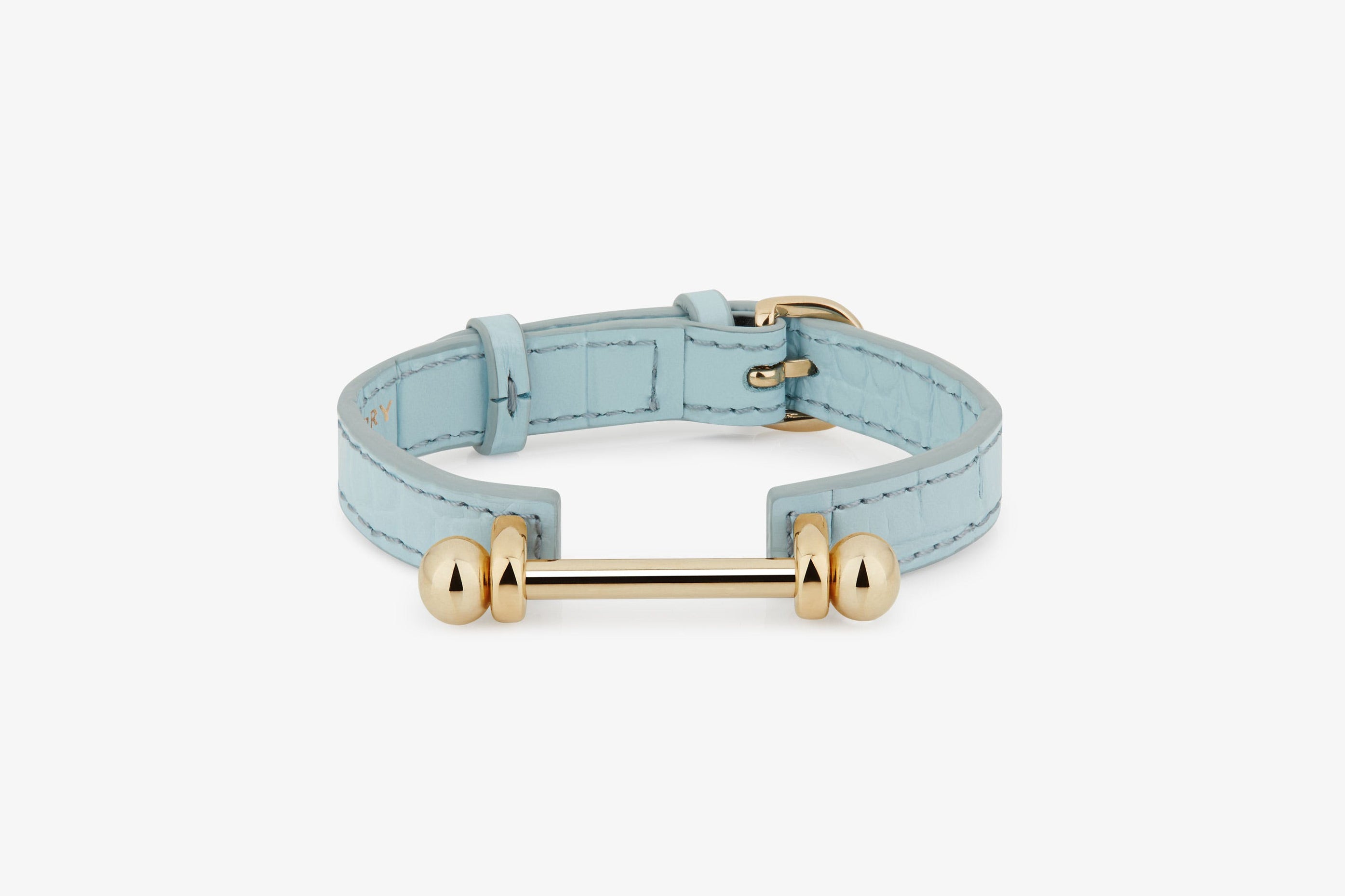 A view showcasing our Music Bar Bracelet - Croc-Embossed Leather Duck Egg Blue