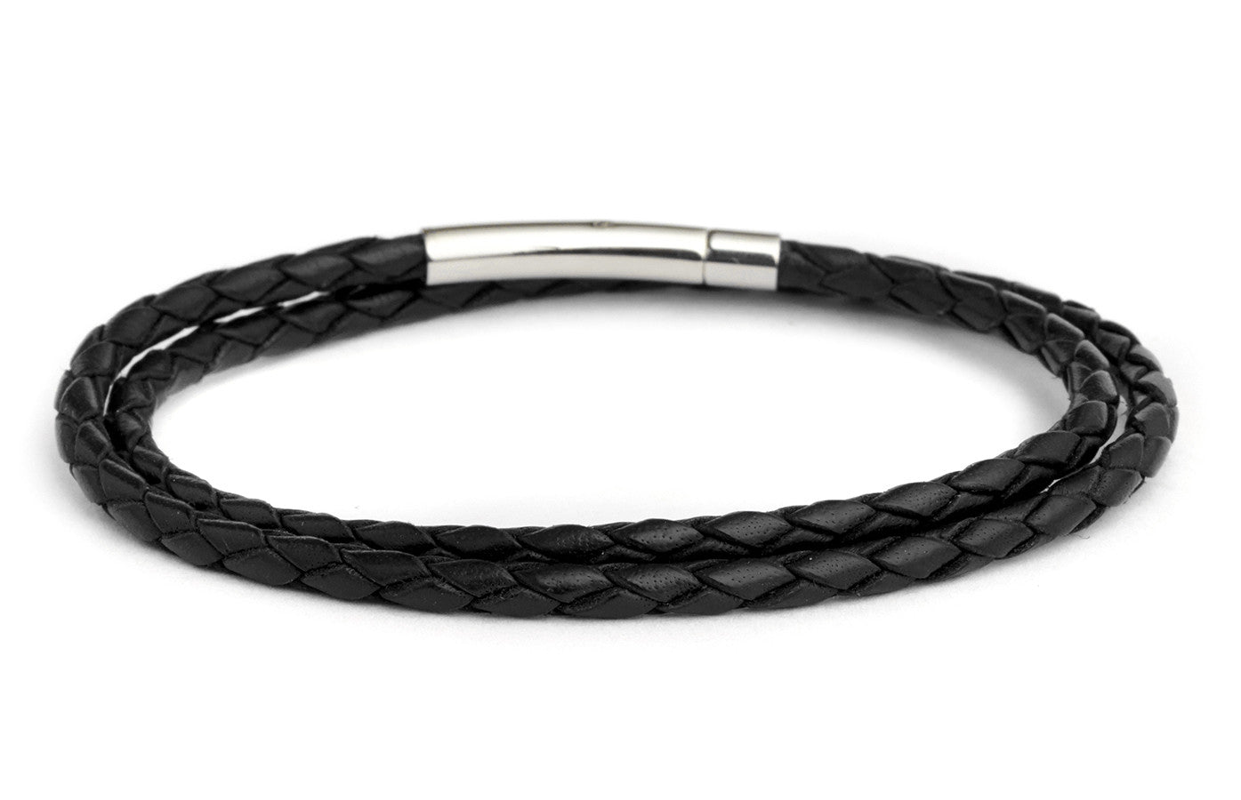 Braided Double Wrap Leather Bracelet in Black | Fenton Glass Jewelry