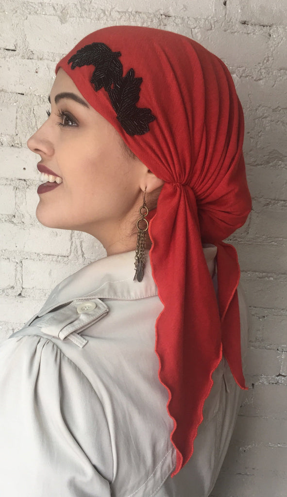 New Slip On Style Pre Tied Head Scarf Hair Wrap Red Orange - Uptown Girl  Headwear