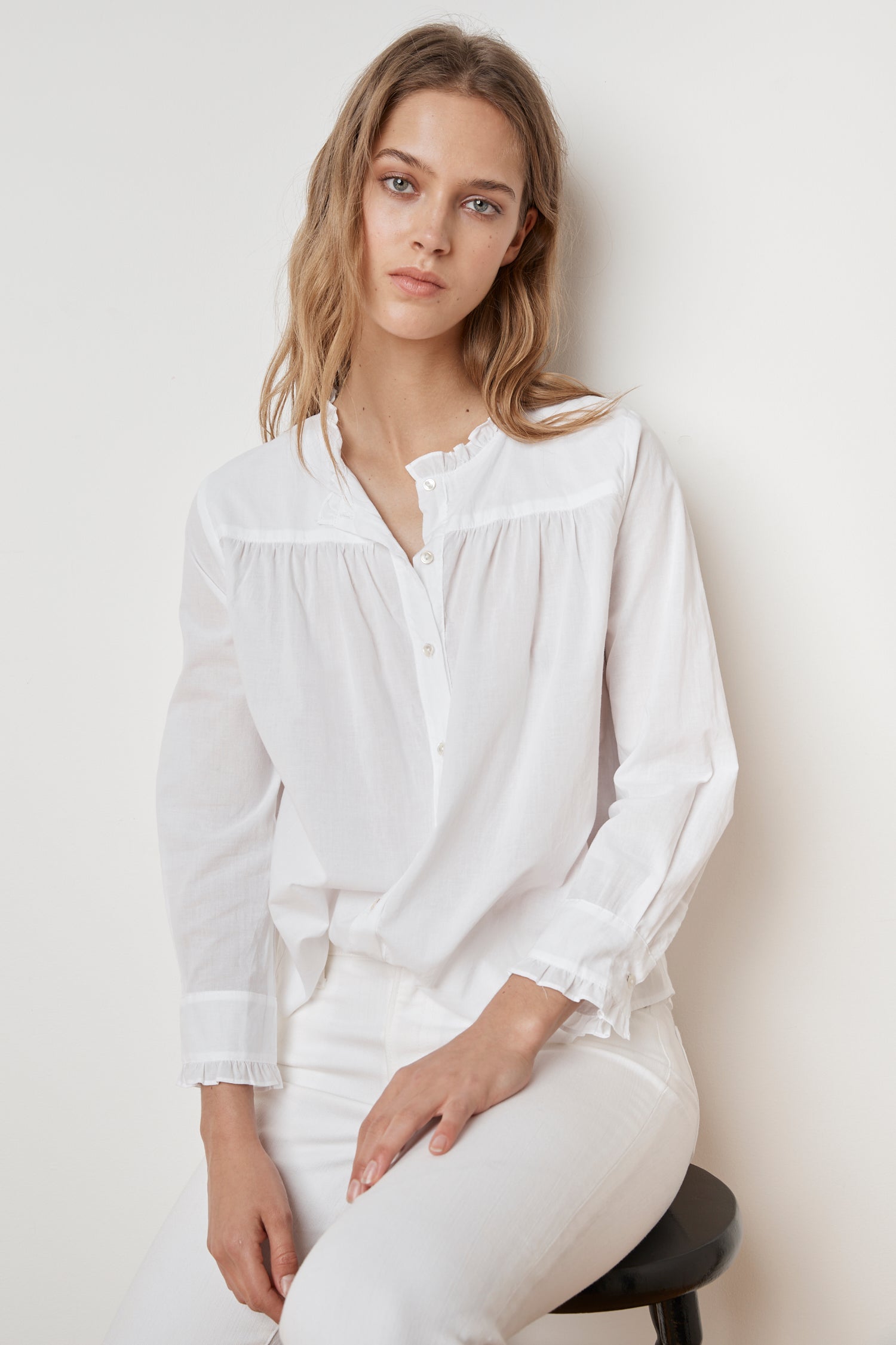 white button up ruffle shirt