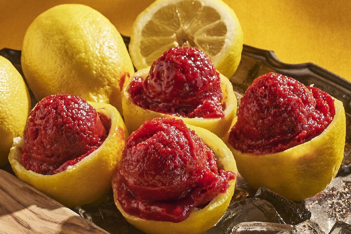 Raspberry Sorbet in Lemon Cups