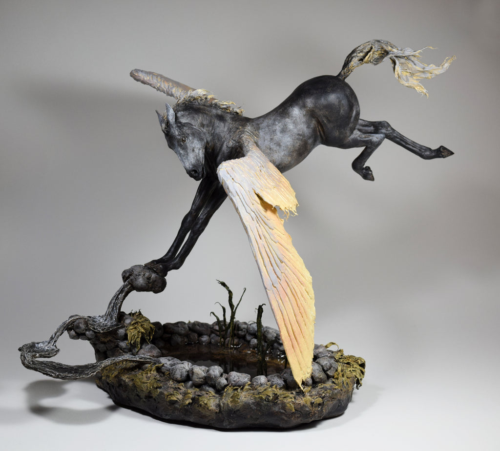 Pegasus myth sculpture in clay mixed media by Susie Benes