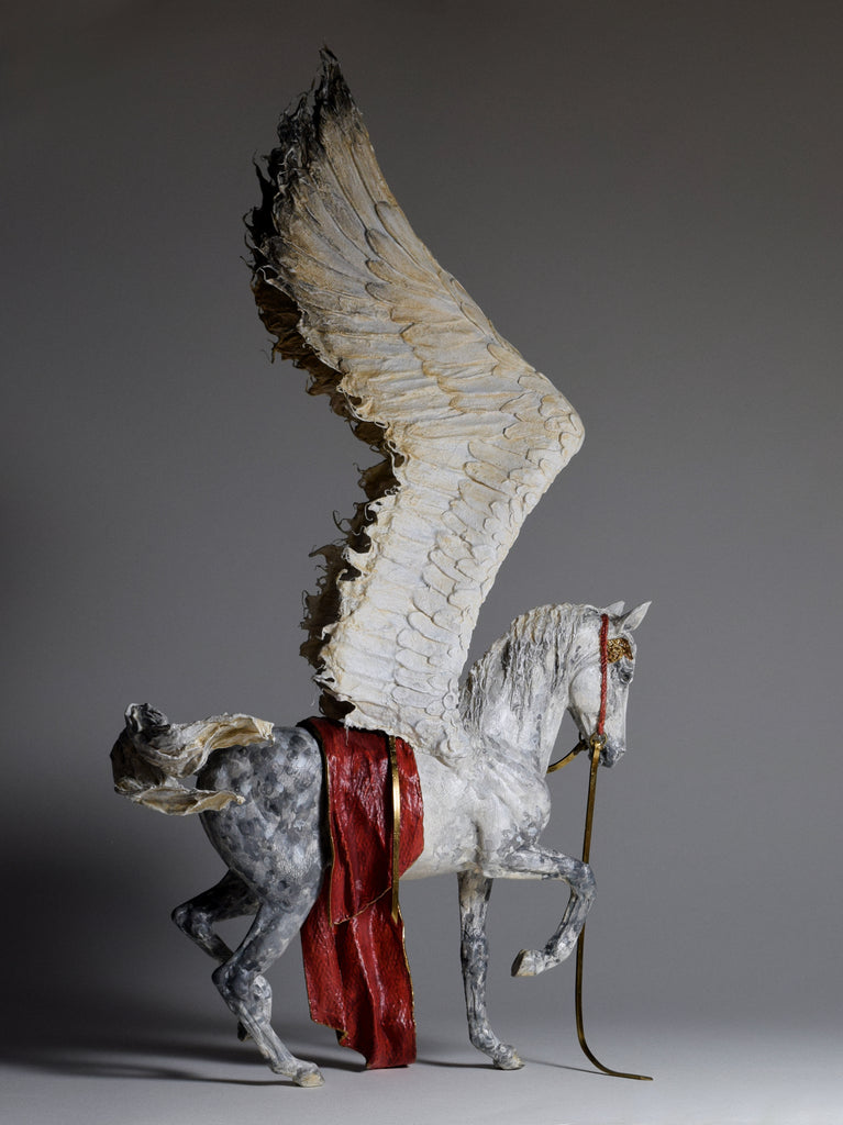 Pegasus horse art sculpture in clay paper and brass