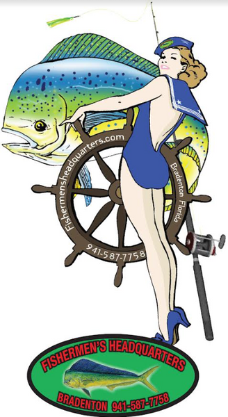 FISHERMENS HEADQUARTERS LOGO GIRL STANDING WITH FISHING POLE