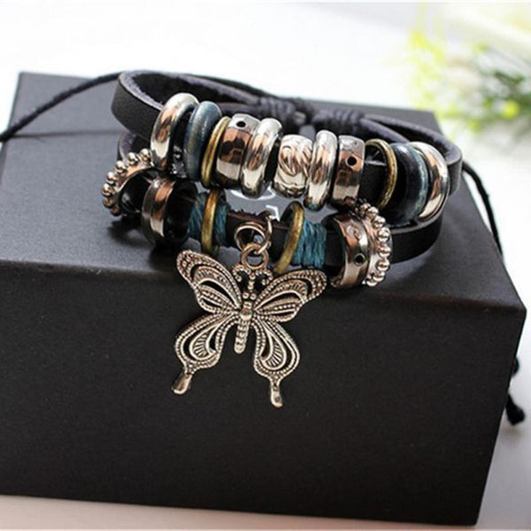 Download Vintage Black Leather Rope Multi-layer Bracelets Butterfly ...