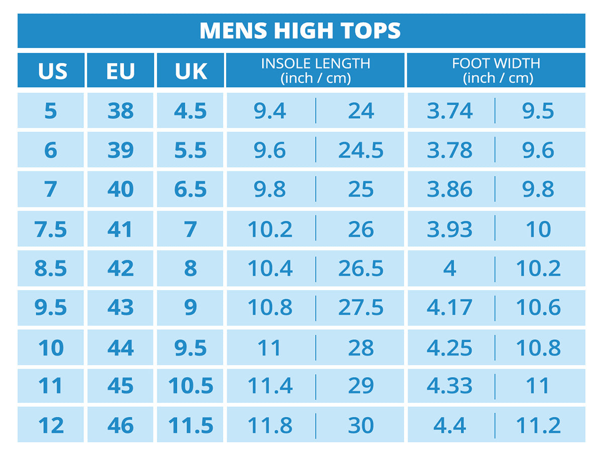 Men's High Top Shoe Size Chart