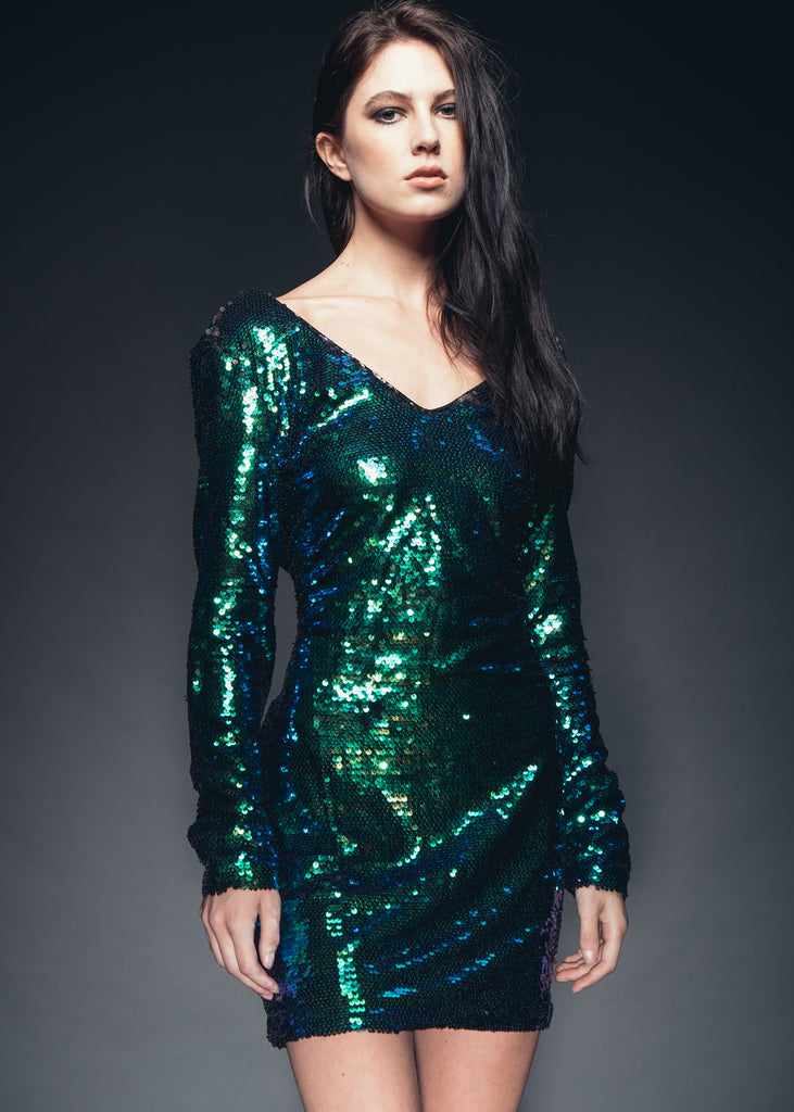 blue and green sequin dress