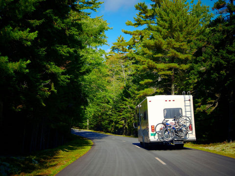 RV or travel trailer driving on a sunny day through dense forest