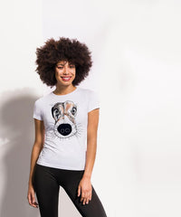 woman wearing white t-shirt with dog face printed on it