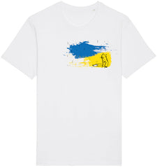 white t-shirt with blue yellow ukraine style fox