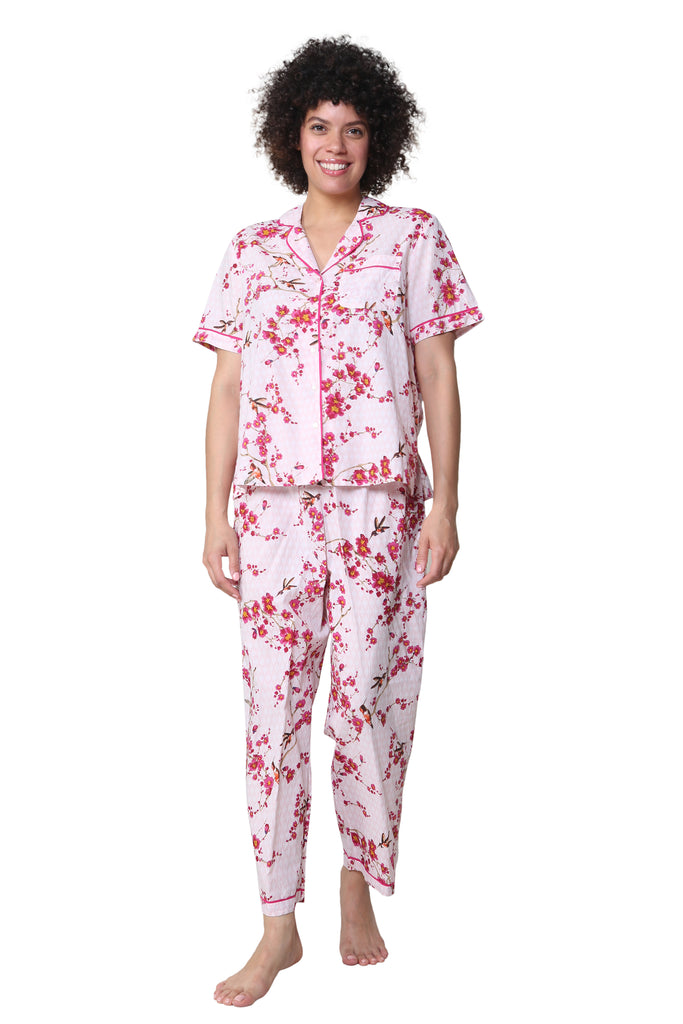 La Cera Floral 3/4 Sleeve Pleat Front Capri Pajama Set – La Cera™