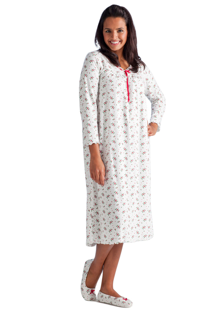 100% Cotton Jersey Knit Long Sleeve Gown Cardinal Floral L