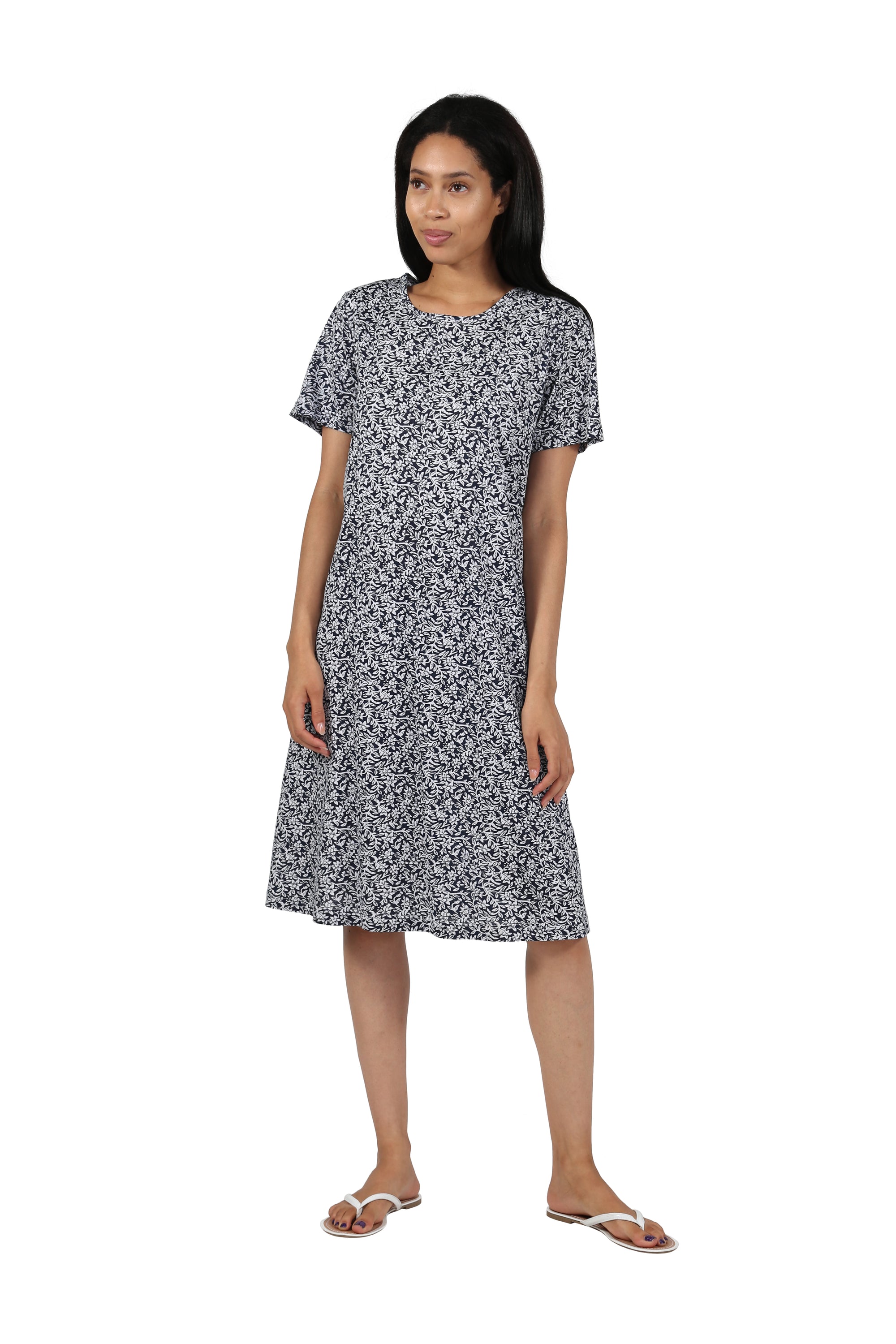 Short Sleeve Cotton Knit Floral ALine Dress La Cera™