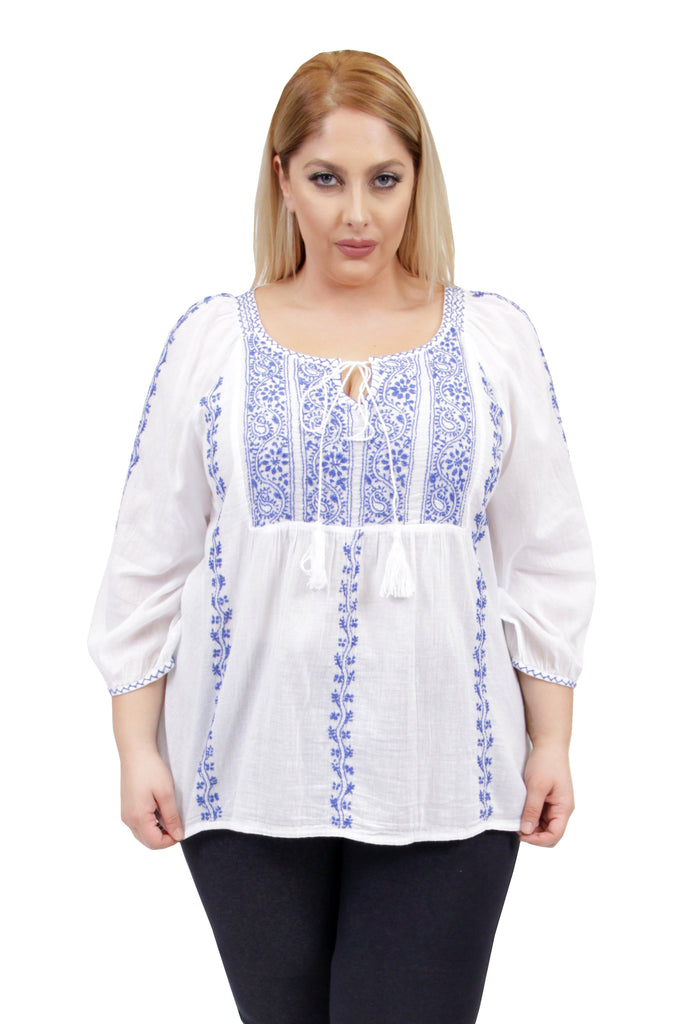 La Cera Plus Size 3/4 Sleeve Stripe Embroidered Peasant Top - La Cera