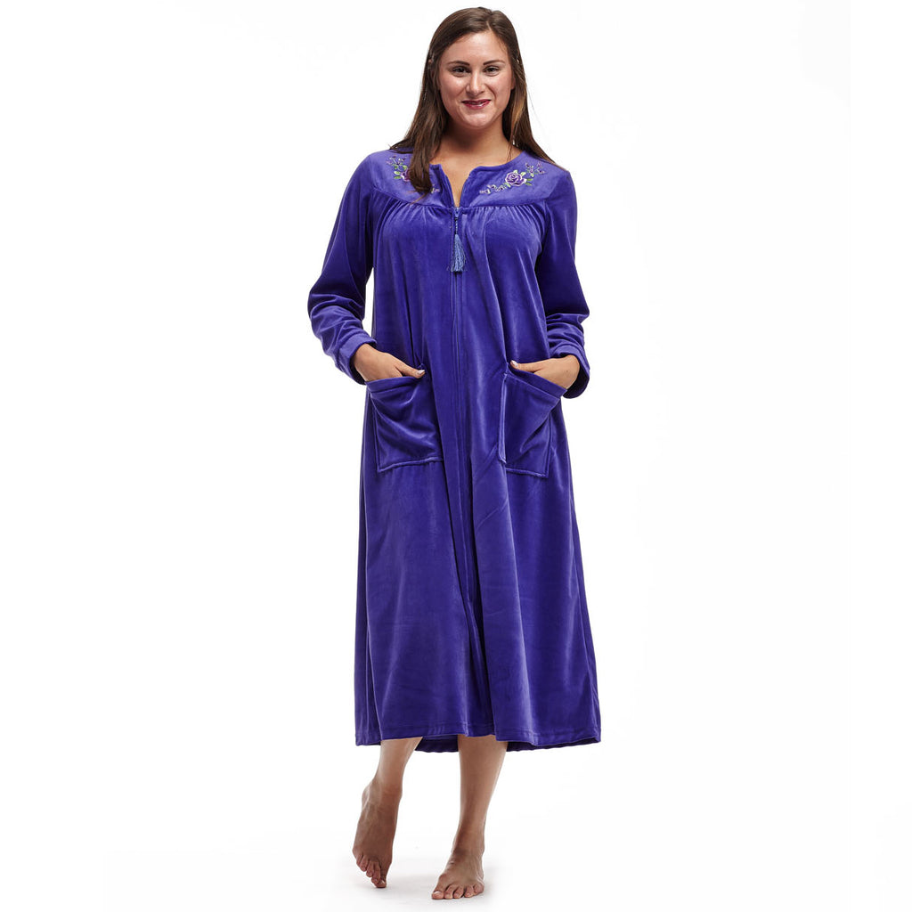 La Cera Zip Front Embroidered Yoke Robe - La Cera