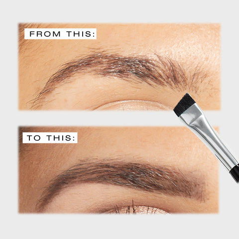 Before and after image of the model's eyebrows using a Woosh Beauty brush