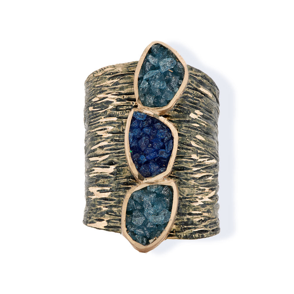 Χειροποίητο Δαχτυλίδι από Μαύρο & Επίχρυσο Διαμανταρισμένο Μπρούτζο με Μπλε Κρυστάλλους 8753116807516
