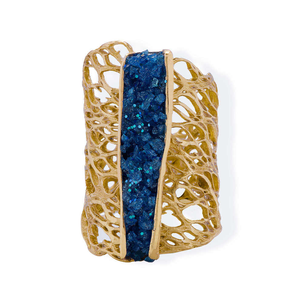 Χειροποίητο Επίχρυσο Δαχτυλίδι από Διαμανταρισμένο Μπρούτζο με Μπλε Κρυστάλλους 8753396679004