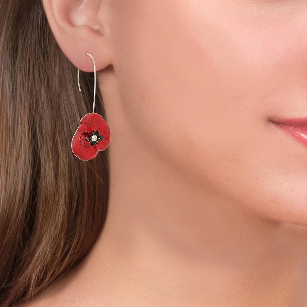 Silver Big Red Poppy Flower Short Drop Earrings Anthos