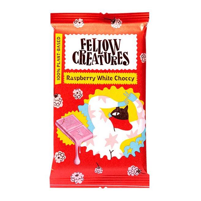 Image of (BEST BEFORE 21/11/2022) Fellow Creatures - Raspberry White Chocolate (70g)  " CHERONES S E Raspberry White Chocey 7 ?-3 a @' 00% PLANT-BASED 