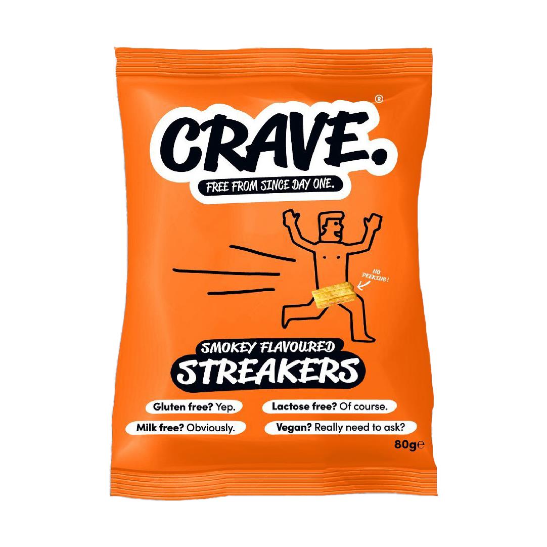 CRAVE. FREE FROM SINO DAY ONE. sl SMOKEY FLAVOURED Gluten free? Yep. Lactose free? Of course. Milk free? Obviously. Vegan? Really need to ask? 80ge 