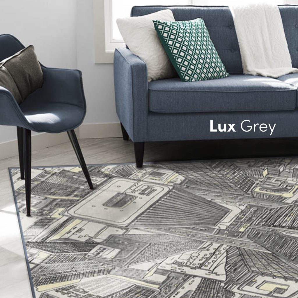 City Skyline Lux Grey Rug in Living Room