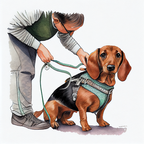 dachshund owner trying to put a harness on a cute dachshund