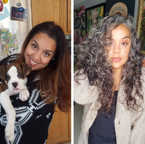 Latina woman before with straight hair and after with curly silver hair