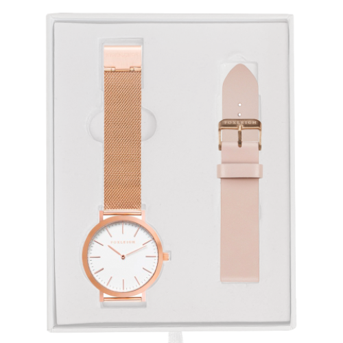 Rose Gold Mesh W Peach Gift Box Foxleigh Watches Eyewear