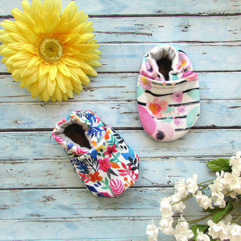 Spring Flowers and Floral Stripe Soft Sole Baby Girls Shoes