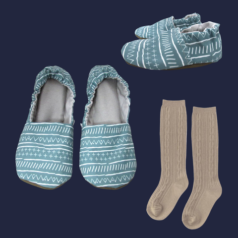 Mudcloth Mommy and Me Shoes and Slippers Set with Oat Little Stocking Co Cable Knit Knee High Socks for Babies and Toddlers