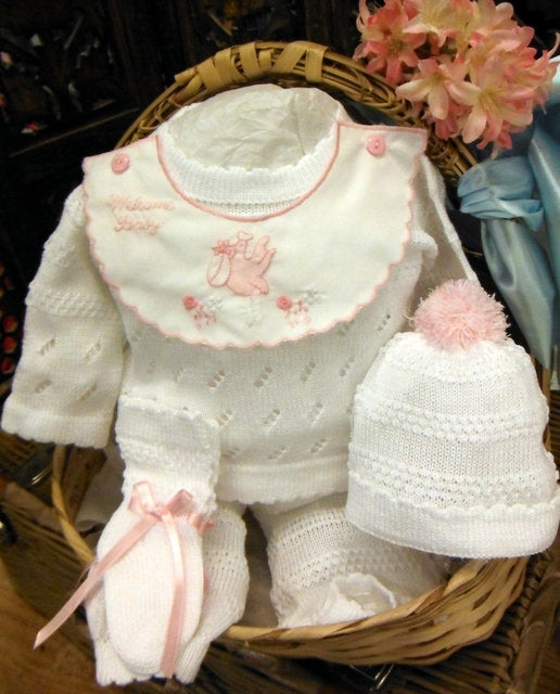 Will Beth 4 Piece Welcome Baby Knit Set In White With Pink 807370