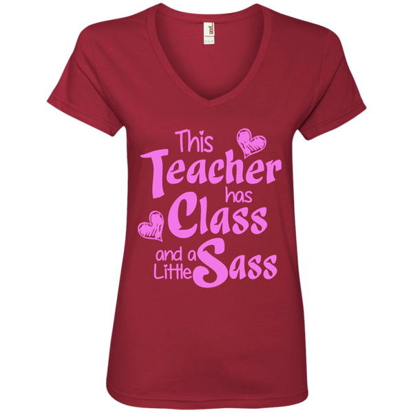 This Teacher has Class and a Little Sass Ladies' V-Neck Tee - TeachersLoungeShop - 3