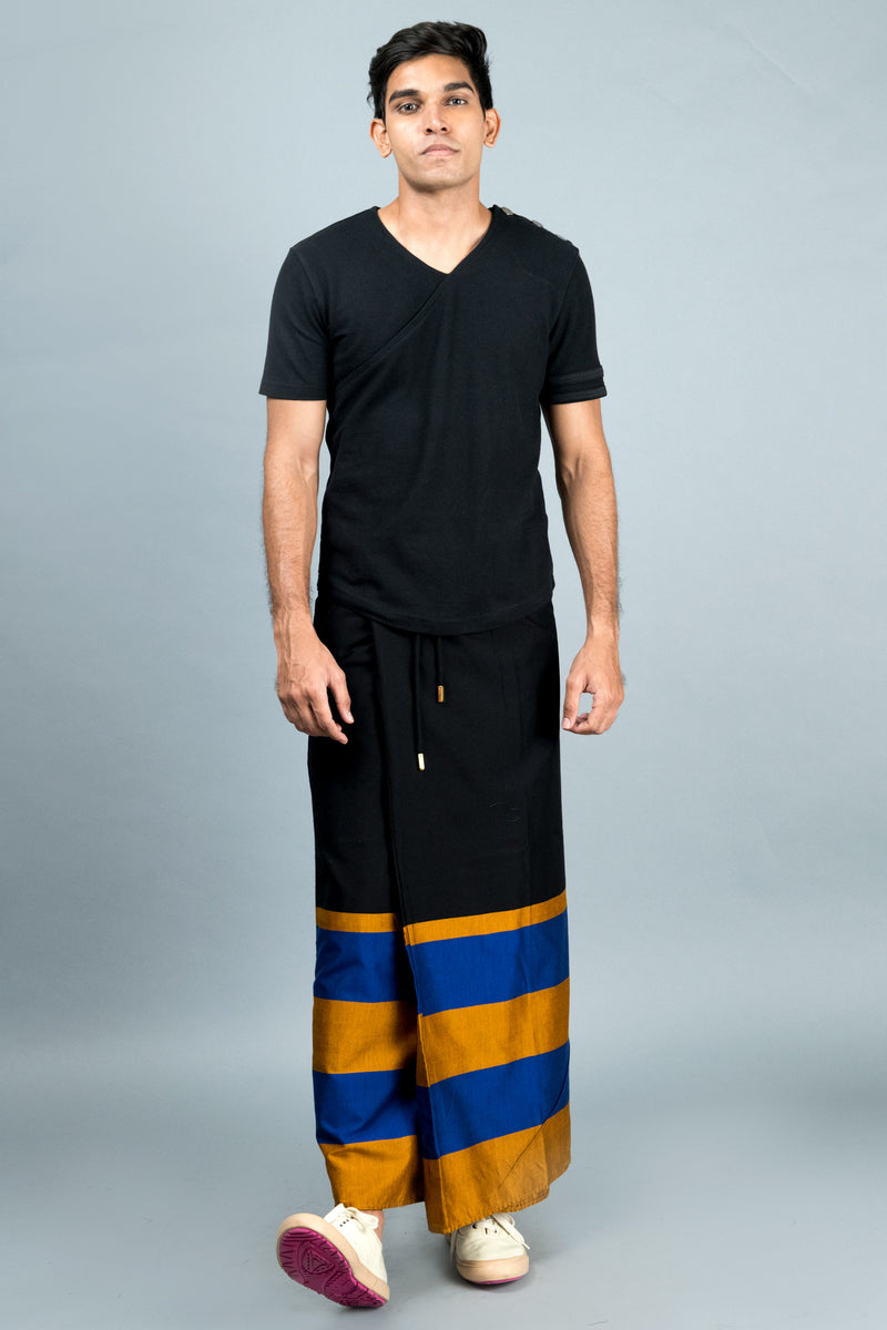 Rugby Sarong. Black With Blue & Gold Stripes – LOVI Sarongs