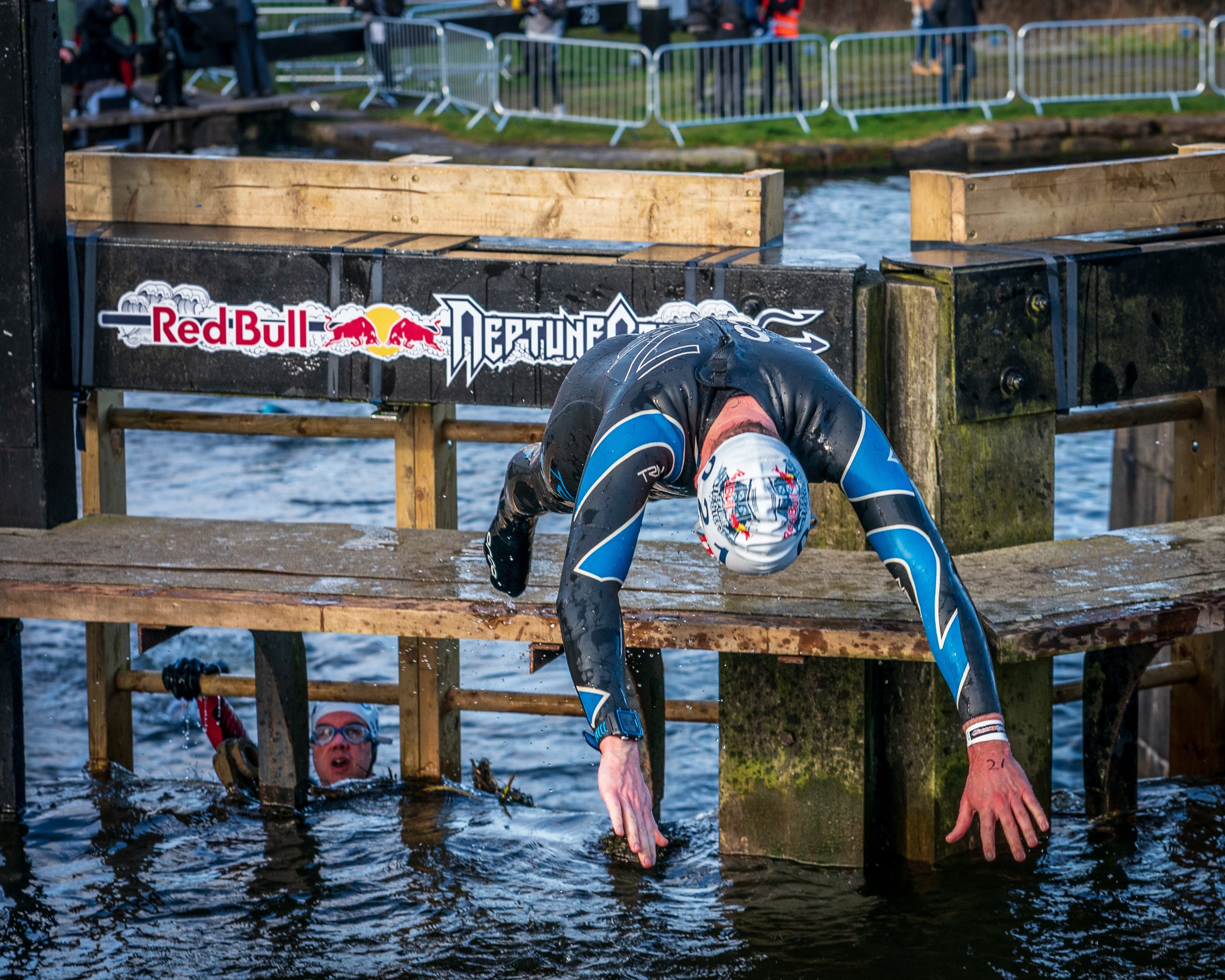 Diving off a Lock gate at Red Bull Neptune Steps in Glasgow, Scotland