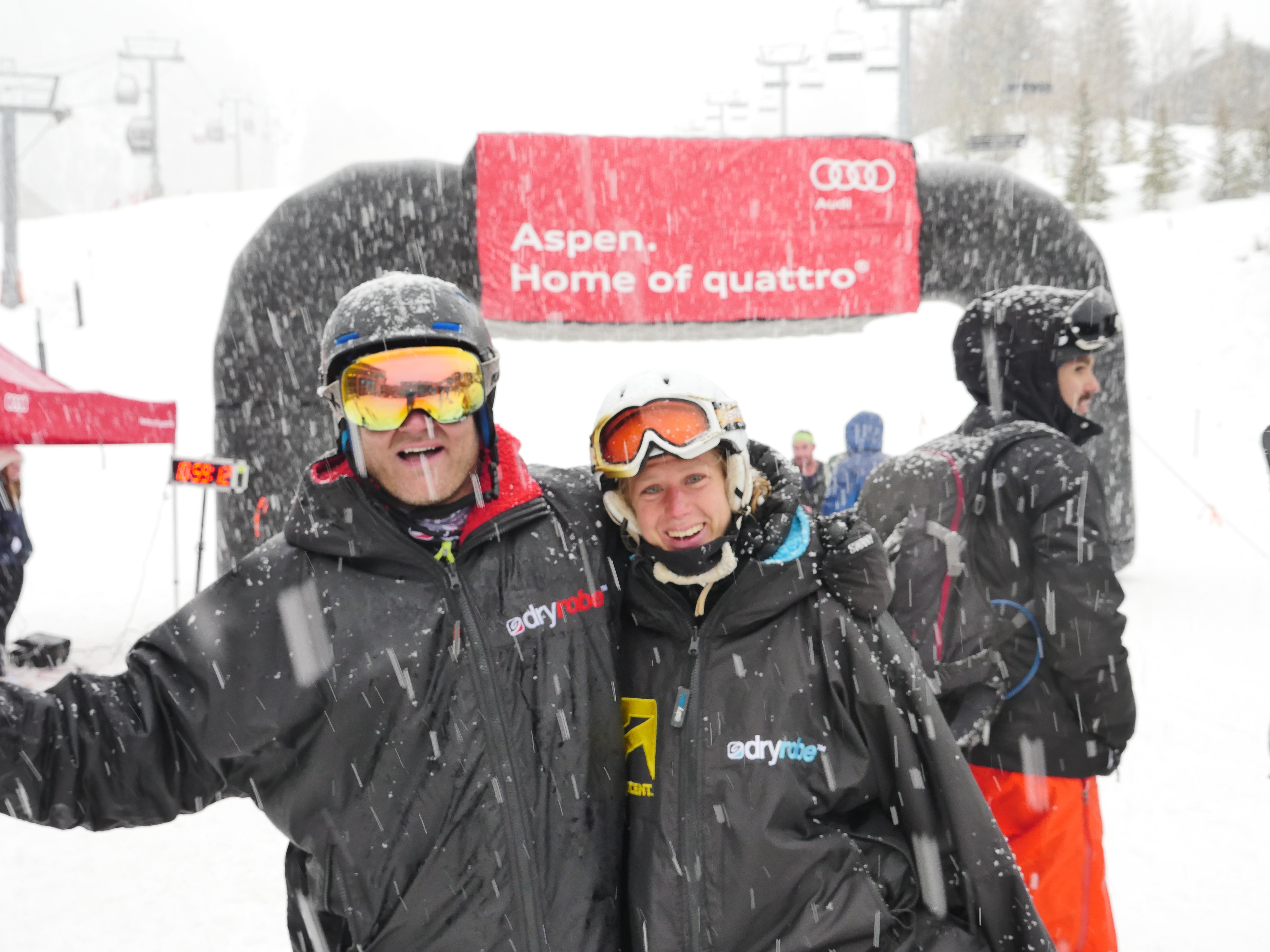 Rea Kolbl and Trevor Townsend at the finishing line at Audi Power of Four Skimo event, Aspen 2019