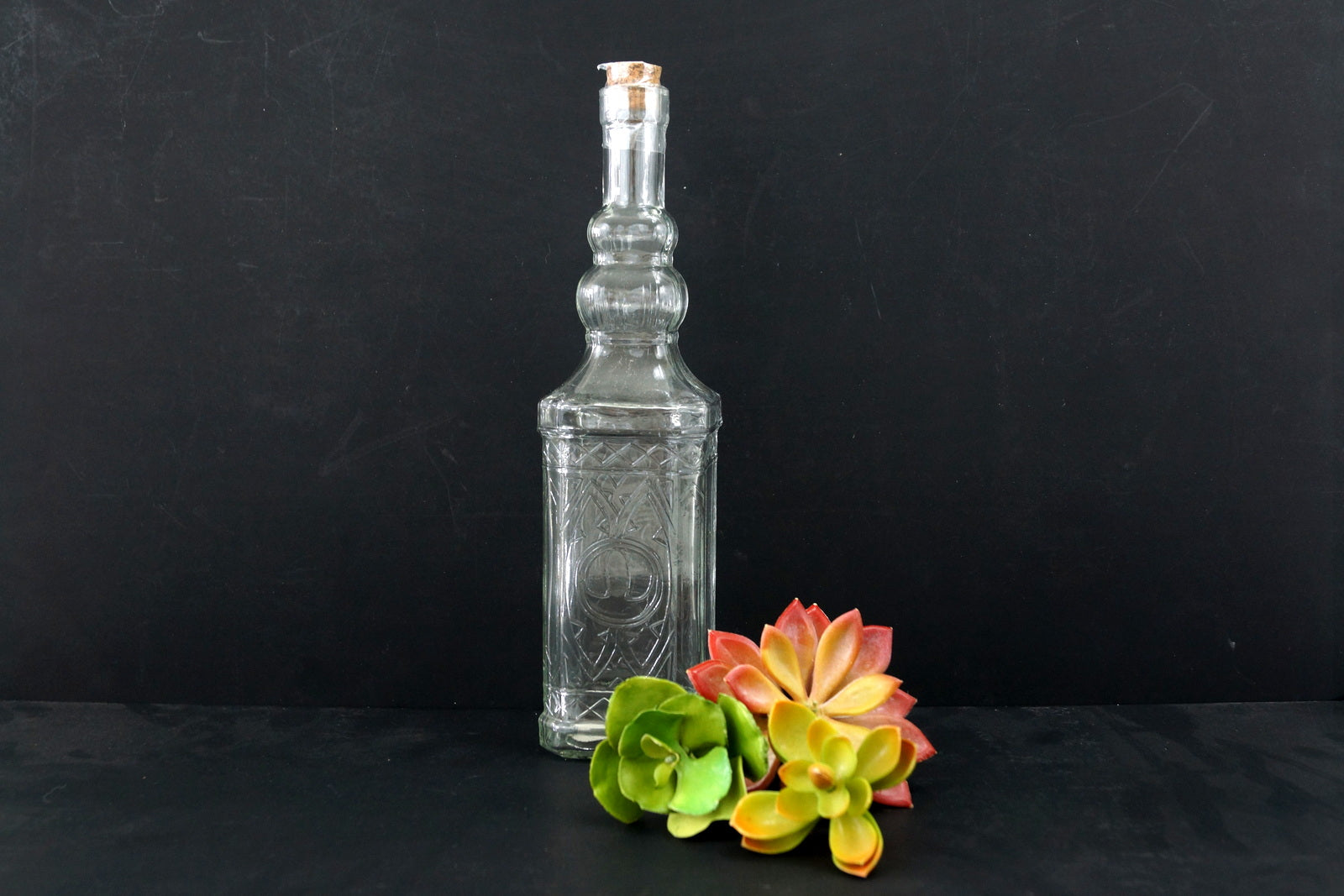 Download Decorative Clear Glass "Whiskey Style" Bottle with Cork, 12" tall - ThirdShiftVintage.com