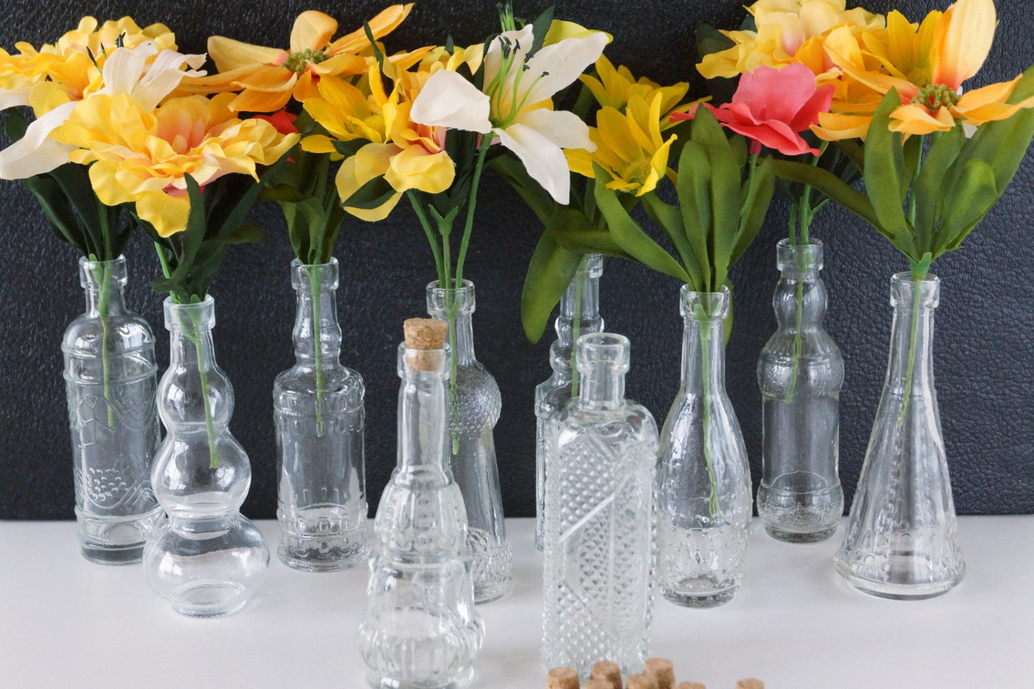 Decorative Clear Glass Bottles with Corks, 5" tall (Set of 10) - ThirdShiftVintage.com
