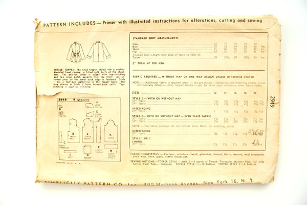 Vintage Simplicity Pattern 2949, Misses' Topper Coat, Uncut (c.1940s ...