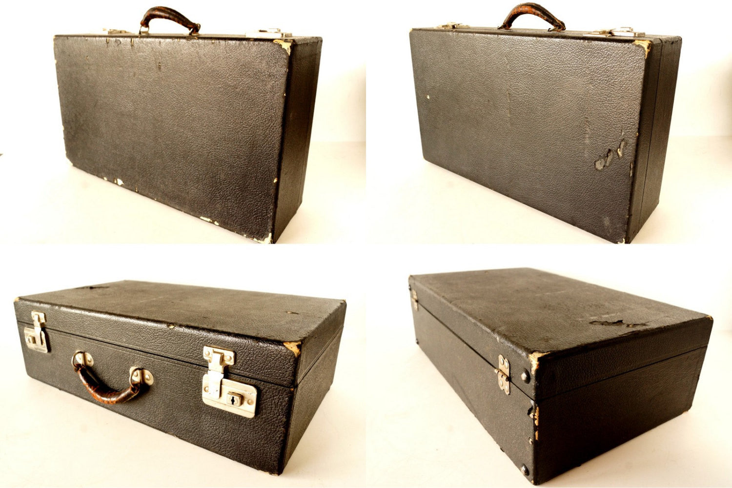 Vintage Black Hard Sided Storage Case with Leather Handle and Key (c.1 ...