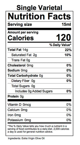 single variety olive oil nutritional facts