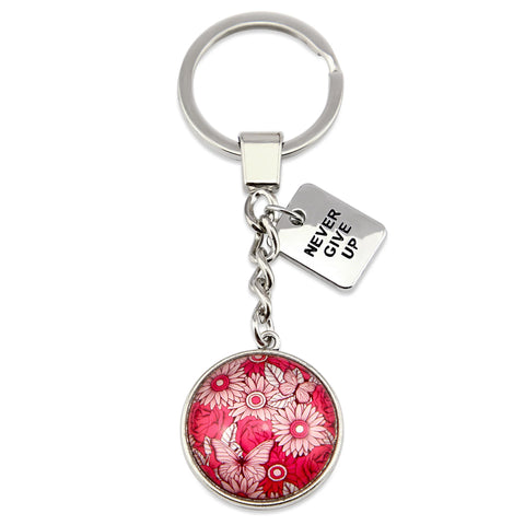 PINK COLLECTION - VINTAGE SILVER 'NEVER GIVE UP' KEYRING - BUTTERFLY PATCH