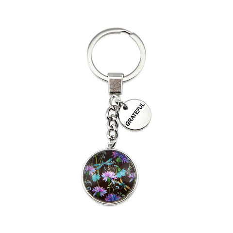 VINTAGE SILVER KEYRING WITH 'GRATEFUL' CHARM - DRAGONFLY GROVE