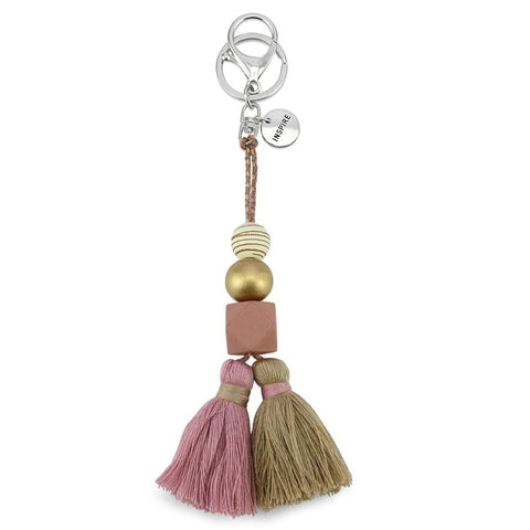 TASSEL + BEAD KEYRING ACCESSORY SILVER 'INSPIRE' - PINK & GOLD