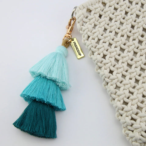 TASSEL KEYRING / VINTAGE GOLD BAG ACCESSORY 'FRIENDSHIP' - LAGOON