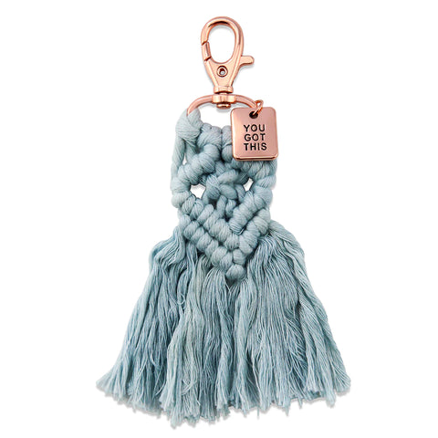 BOHO COLLECTION - MACRAME TASSEL KEYRING / BAG ACCESSORY 'YOU GOT THIS' SKY BLUE & ROSE GOLD (7010-3)