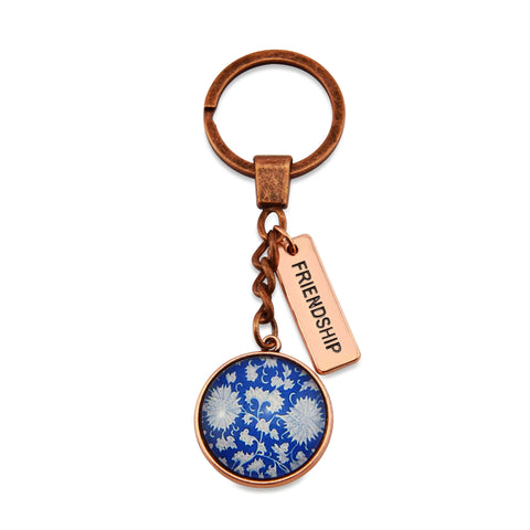 VINTAGE ROSE GOLD KEYRING WITH ' FRIENDSHIP ' CHARM - MORNING BLUE