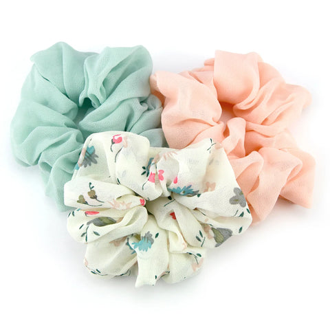 Green, peach and floral hair scrunchies set