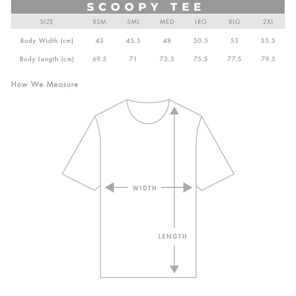 Scoopy Tee size guide.
